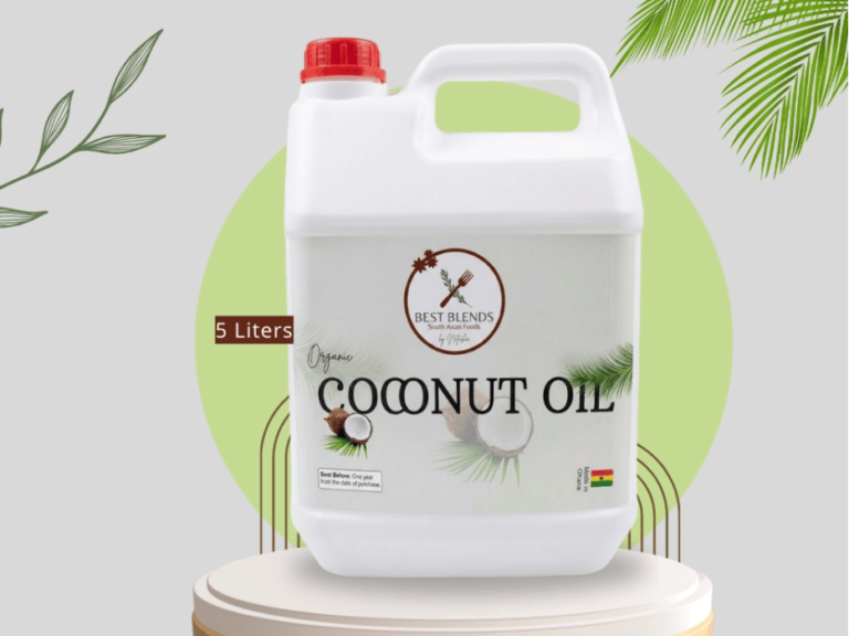 Order 5 Liters of 100% Pure Coconut Oil in Kumasi, Ghana. Best Blends by Natasha offers bulk, additive-free coconut oil for large families, restaurants, and hair salons. Freshly produced in Kumasi with South Asian expertise.
